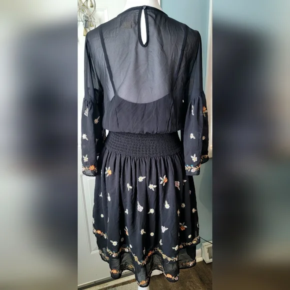 Anthropologie Maeve Anfisa Floral Embroidered Chiffon Mini Dress Womens 2 Black - Picture 4 of 16